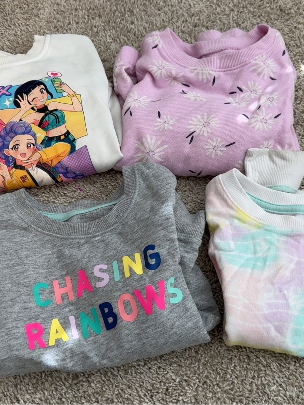 Girls' Colorful Sweatshirt Bundle – Rainbows, Tie-Dye, Flowers and Huntrix